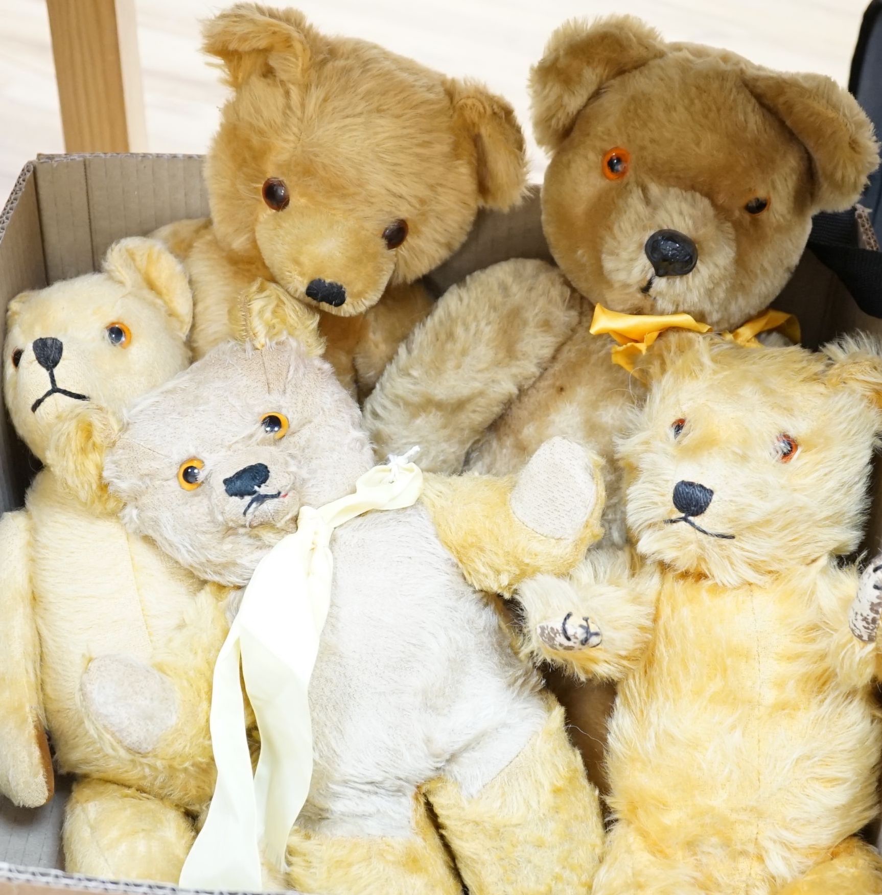 5 English Teddy bears, 1960’s, including Pedigree & Chiltern